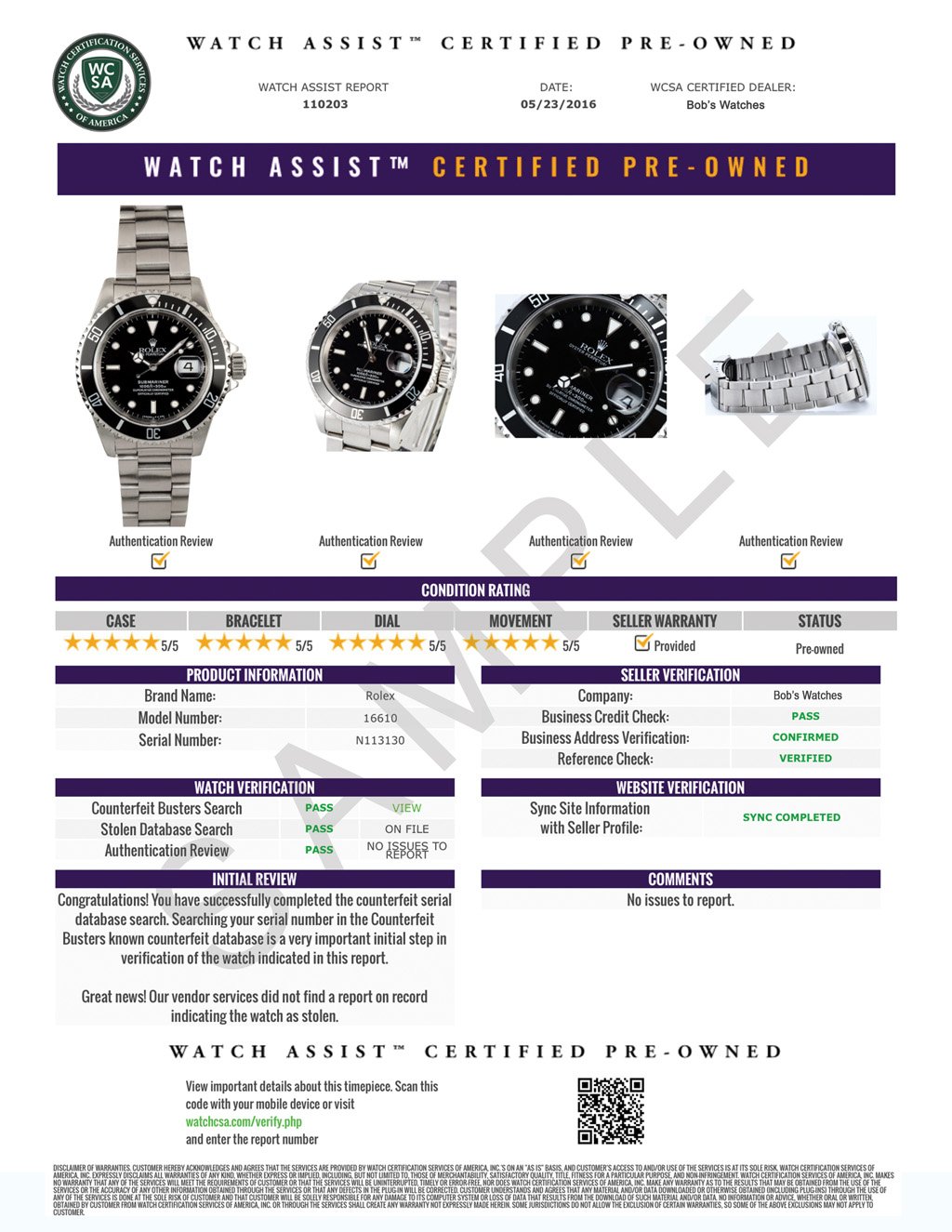 Watch Assist Certified Pre-Owned Certificate Sample Report